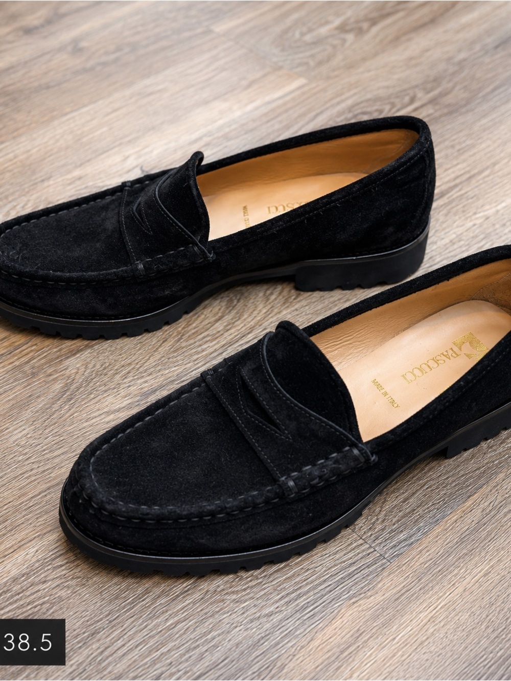 Pascucci Black Suede Penny Loafers Women's EU38.5 Made in Italy Lug Sole Slip On